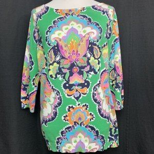 Chaps Women Floral Green Lotus Flower Printed 3/4 Sleeve Top XL